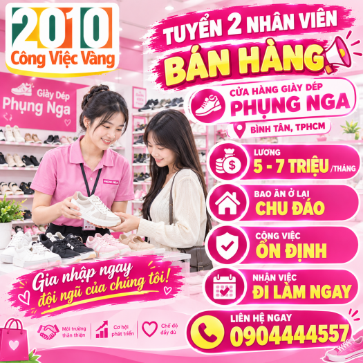 Giày Dép Phụng Nga Tuyển 2 Nhân Viên Bán Hàng Bao Ăn Ở TPHCM
