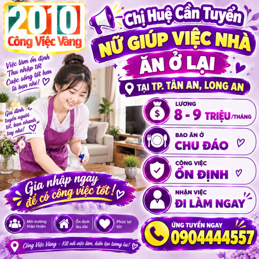 Chị Huệ Cần Tuyển Gấp 01 Nữ Giúp Việc Nhà Ăn Ở Lại Tại Tân An, Long An