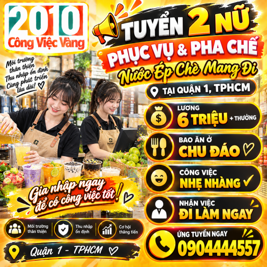 Tiệm Nước Ép Trái Cây & Chè Mang Đi Tuyển Gấp 02 Nữ Phục Vụ, Pha Chế Tại Quận 1