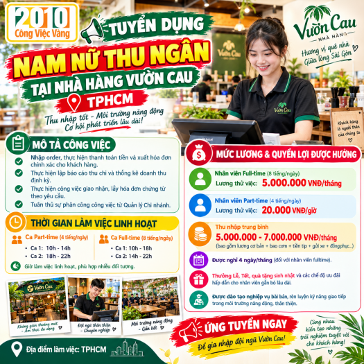 Tuyển Dụng Nam Nữ Thu Ngân Tại Nhà Hàng Vườn Cau TPHCM