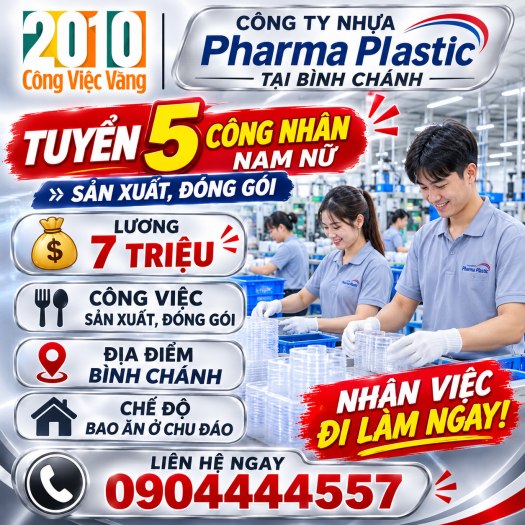 Công Ty Nhựa Pharma Plastic Tuyển Gấp 05 Lao Động Phổ Thông Nam/Nữ Tại Bình Chánh