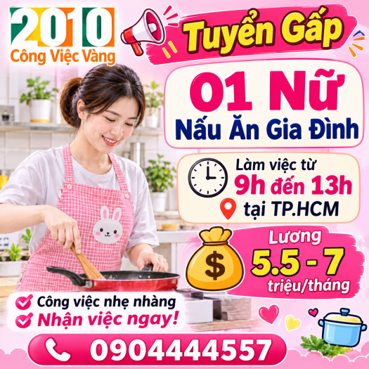 Gia Đình Chị Anh Tuyển Gấp 01 Nữ Nấu Ăn Part-time Theo Giờ Tại TP.HCM