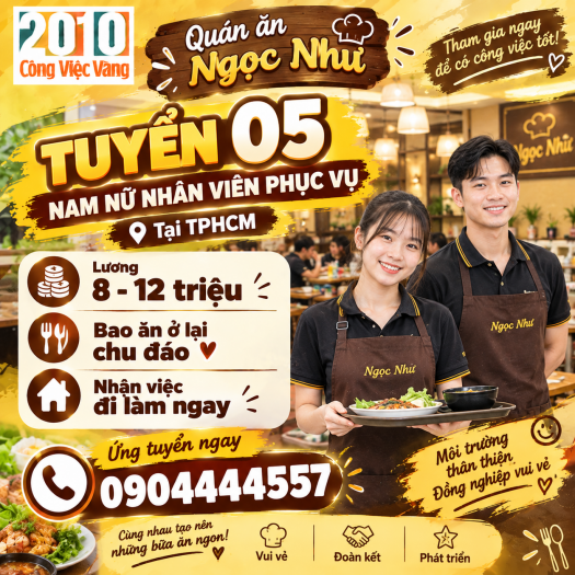 Quán Ăn Ngọc Như Cần Tuyển Gấp 05 Nam Nữ Nhân Viên Phục Vụ - Lương 8 - 12 Triệu