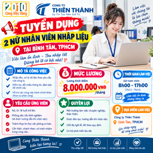 Tuyển Dụng 2 Nữ Nhân Viên Nhập Liệu Tại Công Ty Thiên Thành TPHCM