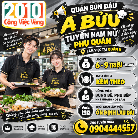 Quán Bún Đậu A Bửu Tuyển Nam Nữ Phụ Quán - Lương Đến 9 Triệu (Bao Ăn Ở)