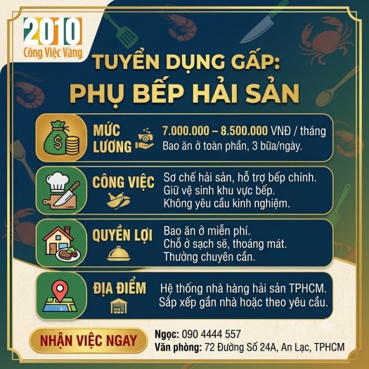 Tuyển Gấp Phụ Bếp Hải Sản Tại TPHCM – Cơ Hội Việc Làm Bao Ăn Ở Nhận Việc Ngay