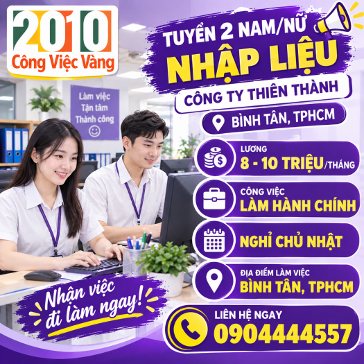 Công Ty Thiên Thành Tuyển 2 Nam/Nữ Nhập Liệu Tại Bình Tân TPHCM