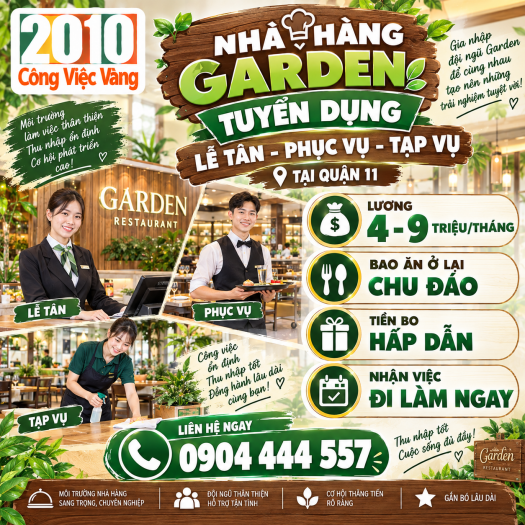 Nhà Hàng Garden Tại Quận 11 Tuyển Dụng Lễ Tân, Phục Vụ, Tạp Vụ - Lương 4 - 9 Triệu