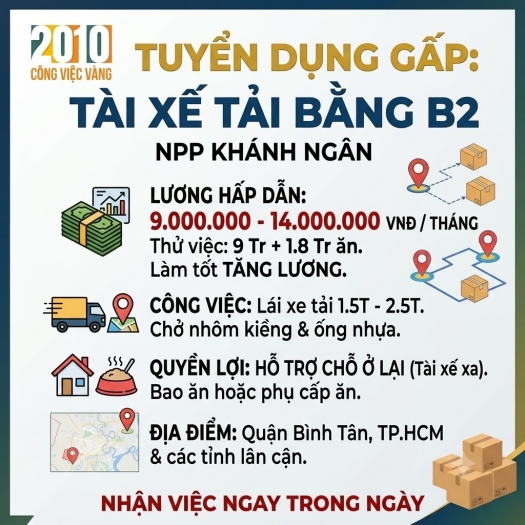 NPP  KHÁNH NGÂN CẦN TUYỂN 2 TÀI XẾ BẰNG B2