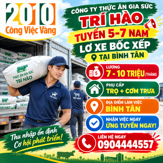 Tuyển 5-7 Nam Lơ Xe Bốc Xếp - Công Ty Thức Ăn Gia Súc Trí Hào