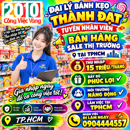 Đại Lý Bánh Kẹo Thành Đạt Tuyển Gấp Nhân Viên Bán Hàng Sale Thị Trường Tại TPHCM