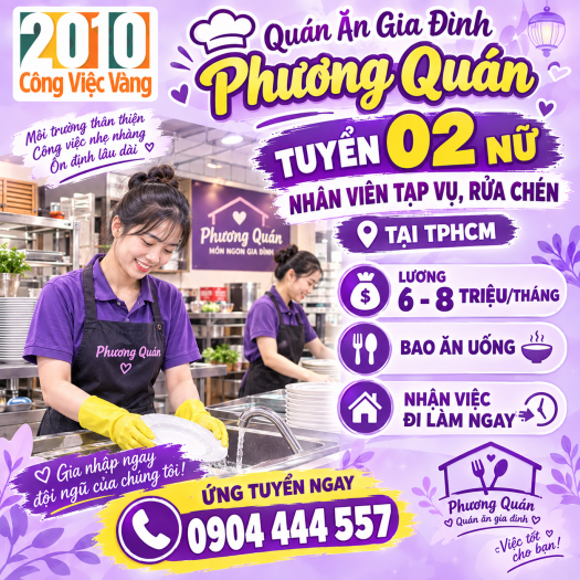 Quán Ăn Gia Đình Phương Quán Tuyển 02 Nữ Tạp Vụ Rửa Chén Lương 6-8Tr