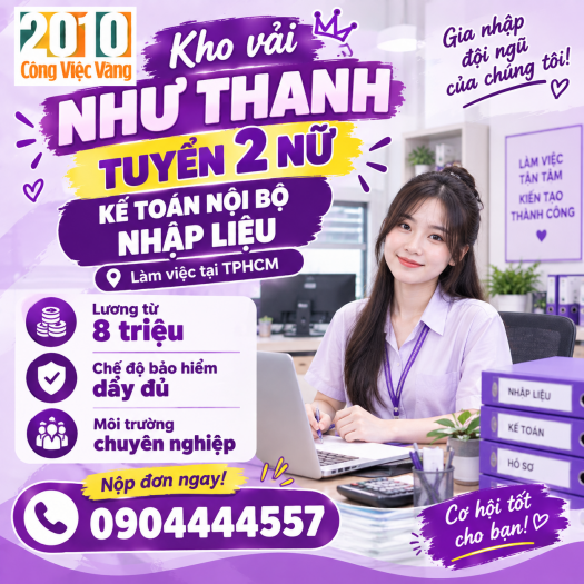 Tuyển 2 Nữ Kế Toán Nội Bộ Nhập Liệu - Kho Vải Như Thanh