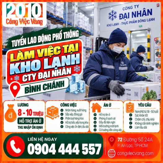 VIỆC LÀM BAO ĂN Ở TPHCM: CẦN GẤP LAO ĐỘNG KHO LẠNH