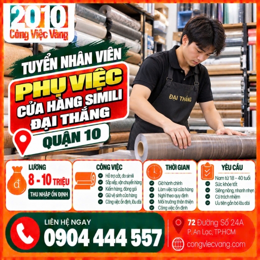 Tuyển Nhân Viên Phụ Việc Cửa Hàng Simili Đại Thắng Quận 10 – Lương 8 - 10 Tr