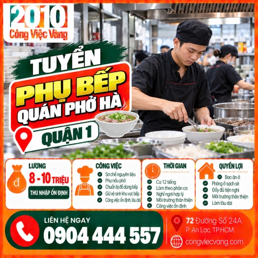 Tuyển Nam Phụ Bếp Quán Phở Hà Quận 1 – Lương 8 Đến 10 Triệu Bao Ăn Ở