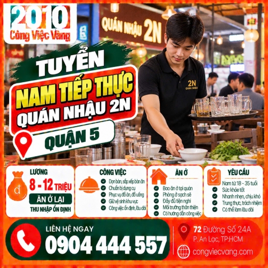 Tuyển Nam Tiếp Thực Quán Nhậu 2N Quận 5 – Bao Ăn Ở Lương 8-12 Triệu