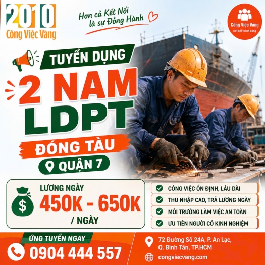 Tuyển 2 Nam Lao Động Phổ Thông Đóng Tàu Quận 7 - Lương 450K đến 600K / Ngày 