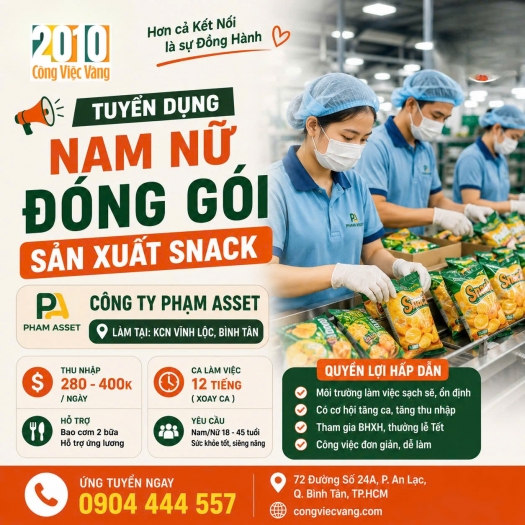 Tuyển Nam Nữ Đóng Gói Sản Xuất Snack KCN Vĩnh Lộc