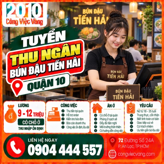 Tuyển Thu Ngân Bún Đậu Tiến Hải Quận 10 – Bao Ở Lương 9-12 Tr