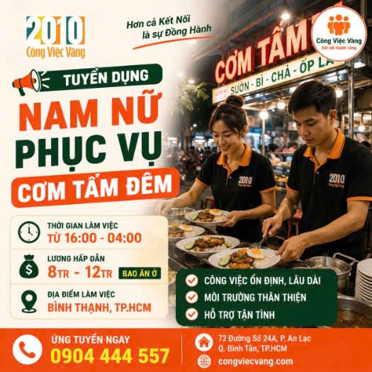 Tuyển Nam Nữ Phụ Quán Cơm Tấm Đêm Bao Ăn Ở Tại TPHCM 
