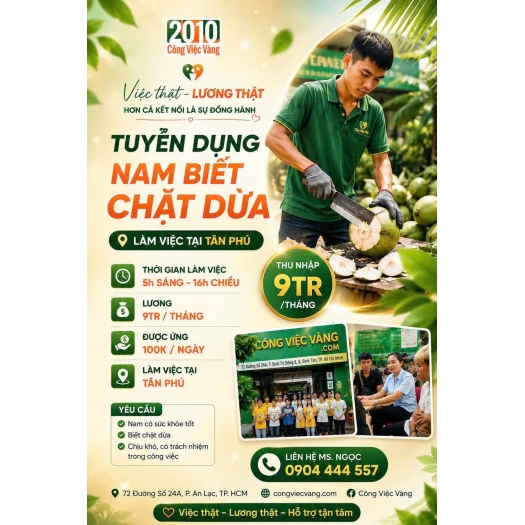 TUYỂN NAM BIẾT CHẶT DỪA – THU NHẬP 9TR/THÁNG