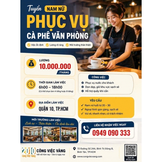 TUYỂN NAM NỮ PHỤC VỤ CÀ PHÊ VĂN PHÒNG